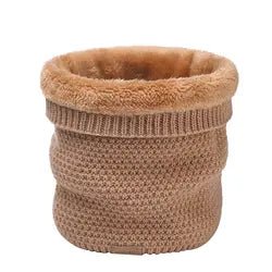 Camel Moss stitch knitted neck warmer with folded top showing camel fur fleece lining