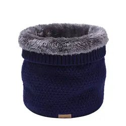 Navy  Moss stitch knitted neck warmer with folded top showing grey fur fleece lining