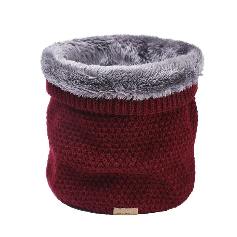 Wine  Moss stitch knitted neck warmer with folded top showing grey fur fleece lining