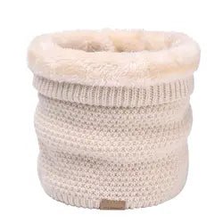 Beige Moss stitch knitted neck warmer with folded top showing cream fur fleece lining