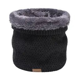 Dark grey  Moss stitch knitted neck warmer with folded top showing grey fur fleece lining
