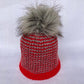 Brioche hat with geranium rib, geranium/graphite body and large grey pom pom with black tips