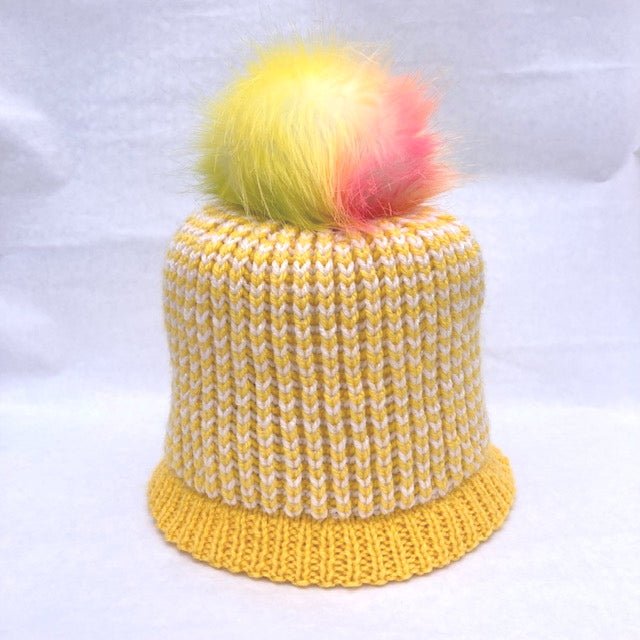 Brioche Hat with yellow rib, yellow/white body and large yellow/white/pink pom pom