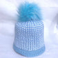 Brioche Hat with sky blue rib, sky blue/white body and large sky blue pom pom