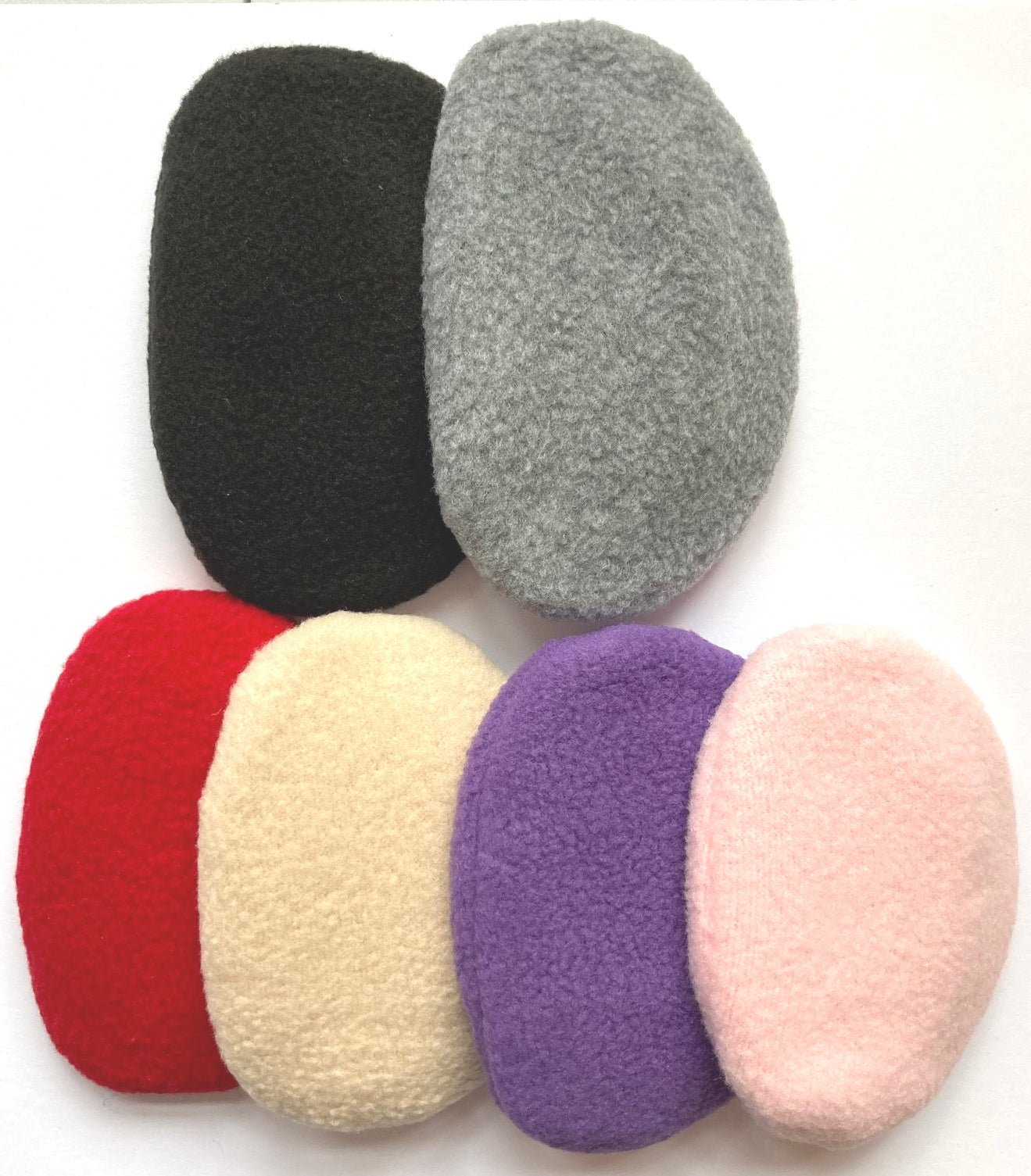 Selection of Snugga-Lugs in black, grey, red, cream, purple and pink colour choices