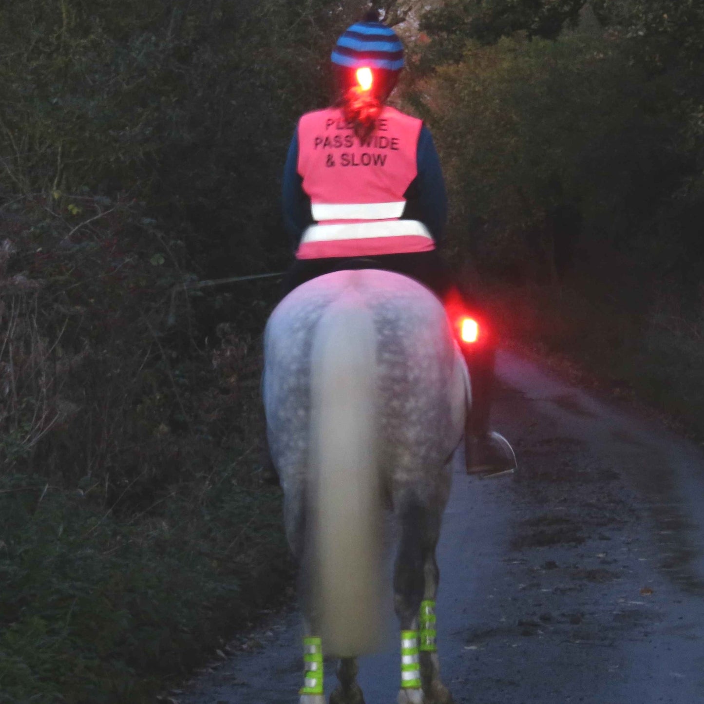 Rear night time view of a horse and rider with trixski LED Light in use on a riding gilet and on a riding boot