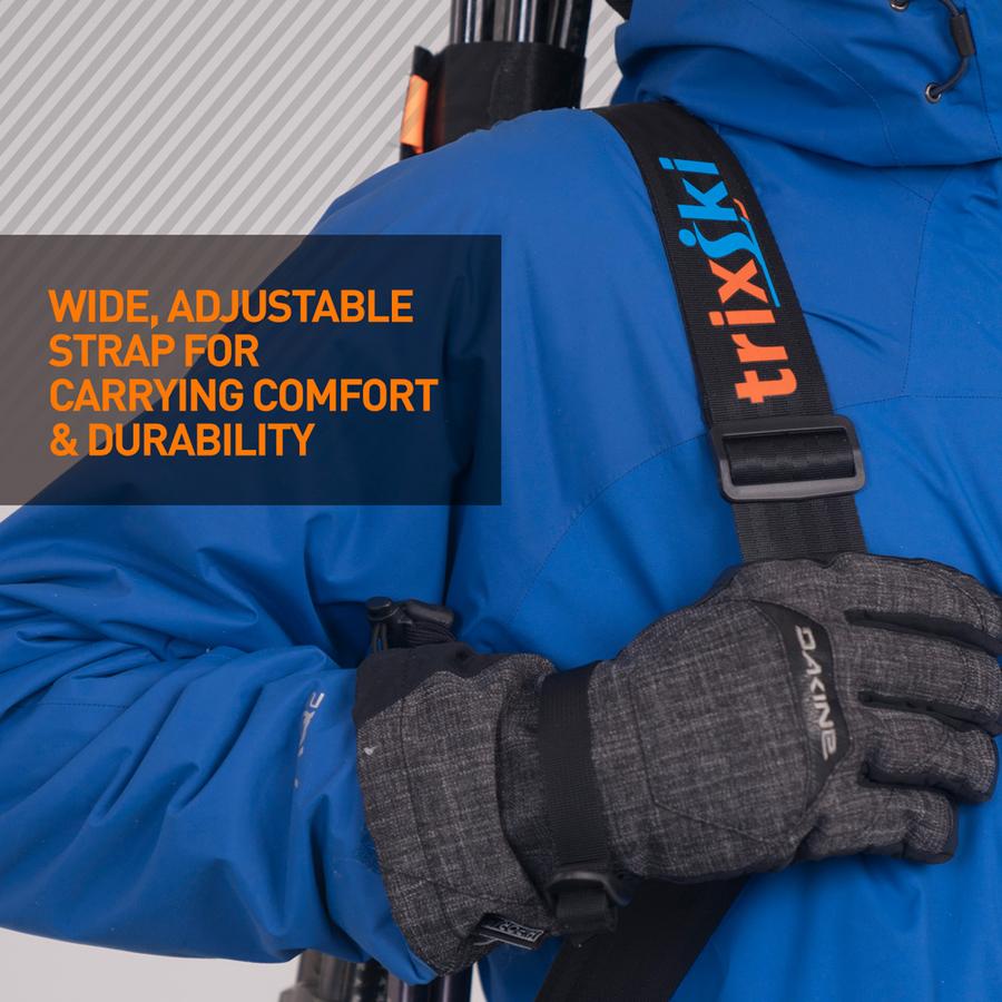 Close up of trixski Ski Carrier showing the wide, adjustable strap for carrying comfort