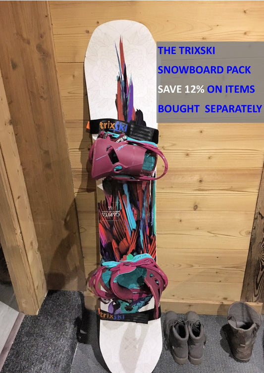 trixski Snowboard Pack shown in black on a snow board propped up in a ski chalet.  Text shows saving of 12% when pack is bought in preference to items being bought separately.