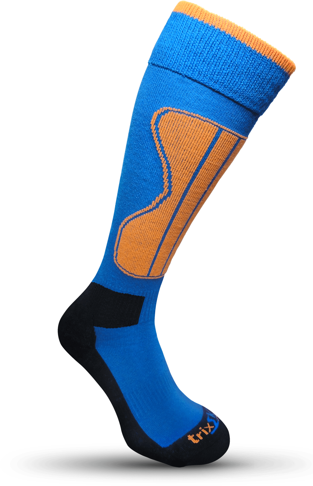 Side view of trixski merino blend Ski Socks  showing blue sock body with contrasting orange and black reinforced areas.  Socks have the trixski logo in orange and black knitted across the toe.
