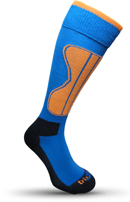 Side view of trixski merino blend Ski Socks  showing blue sock body with contrasting orange and black reinforced areas.  Socks have the trixski logo in orange and black knitted across the toe.